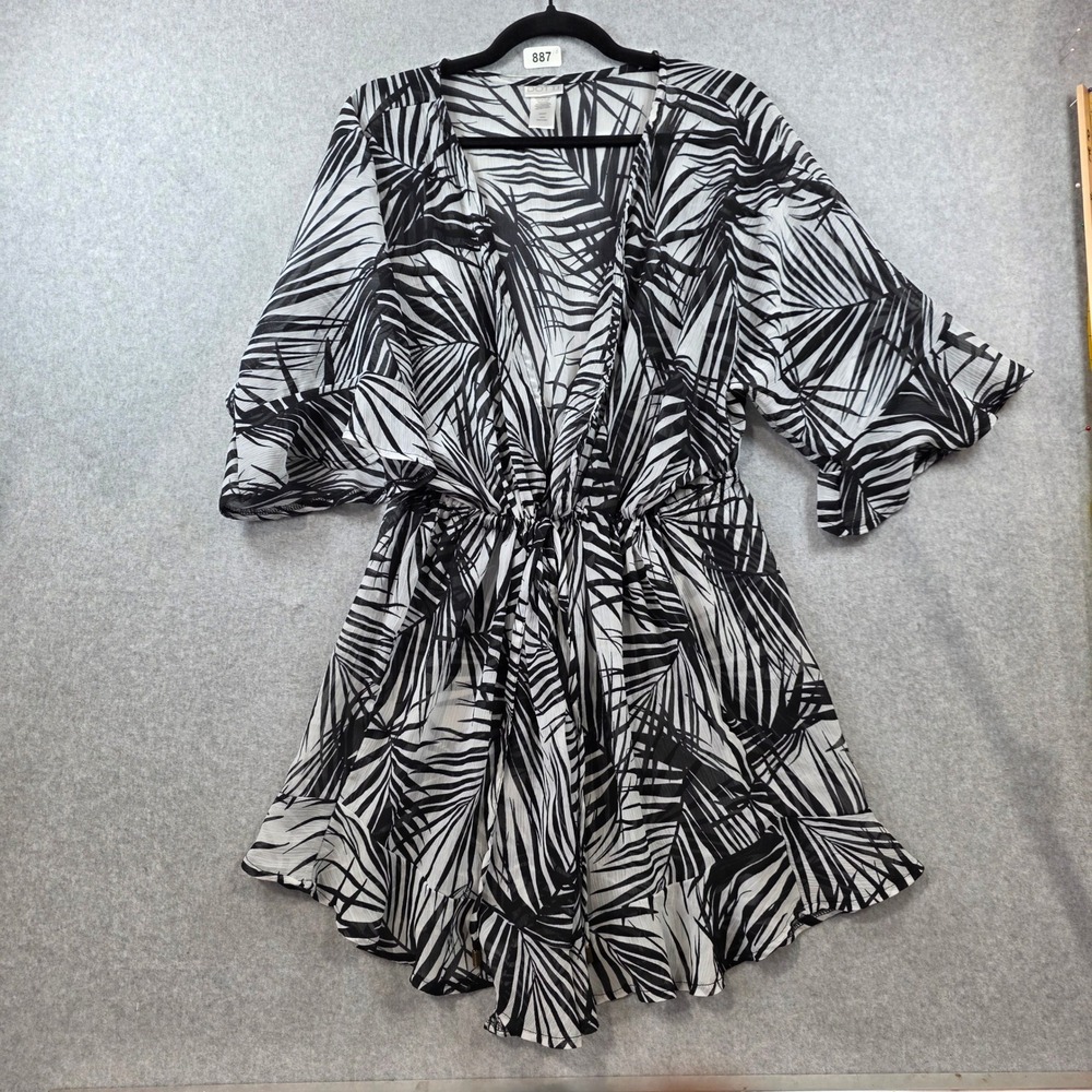 Dotti Womens Tropical Palm Leaf Swim Cover Up Black White Kimono Sleeve Medium